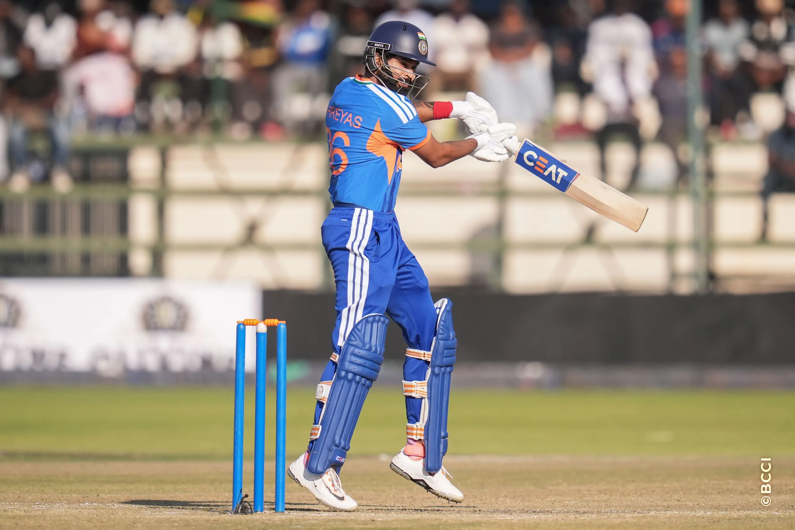Shreyas Iyer (C) of India plays a shot during the 1st T20 International match between Zimbabwe and India at the Harare Sports Club, Harare, Zimbabwe on July 23, 2026.Photo: Faheem Hussain / CREIMAS for BCCI