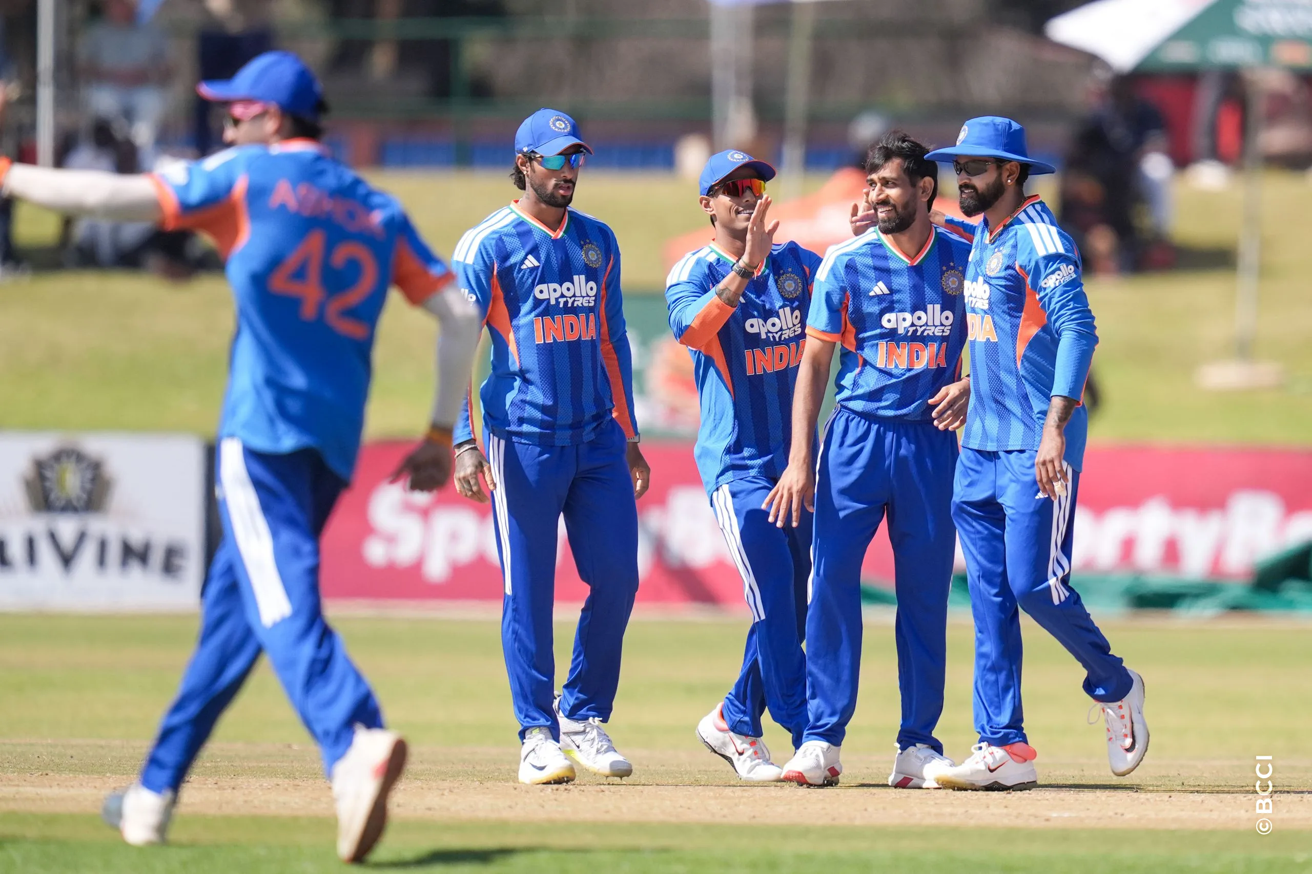 Prince Yadav of India celebrates the wicket of Ben Curran of Zimbabwe during the 1st T20 International match between Zimbabwe and India at the Harare Sports Club, Harare, Zimbabwe on July 23, 2026.Photo: Faheem Hussain / CREIMAS for BCCI