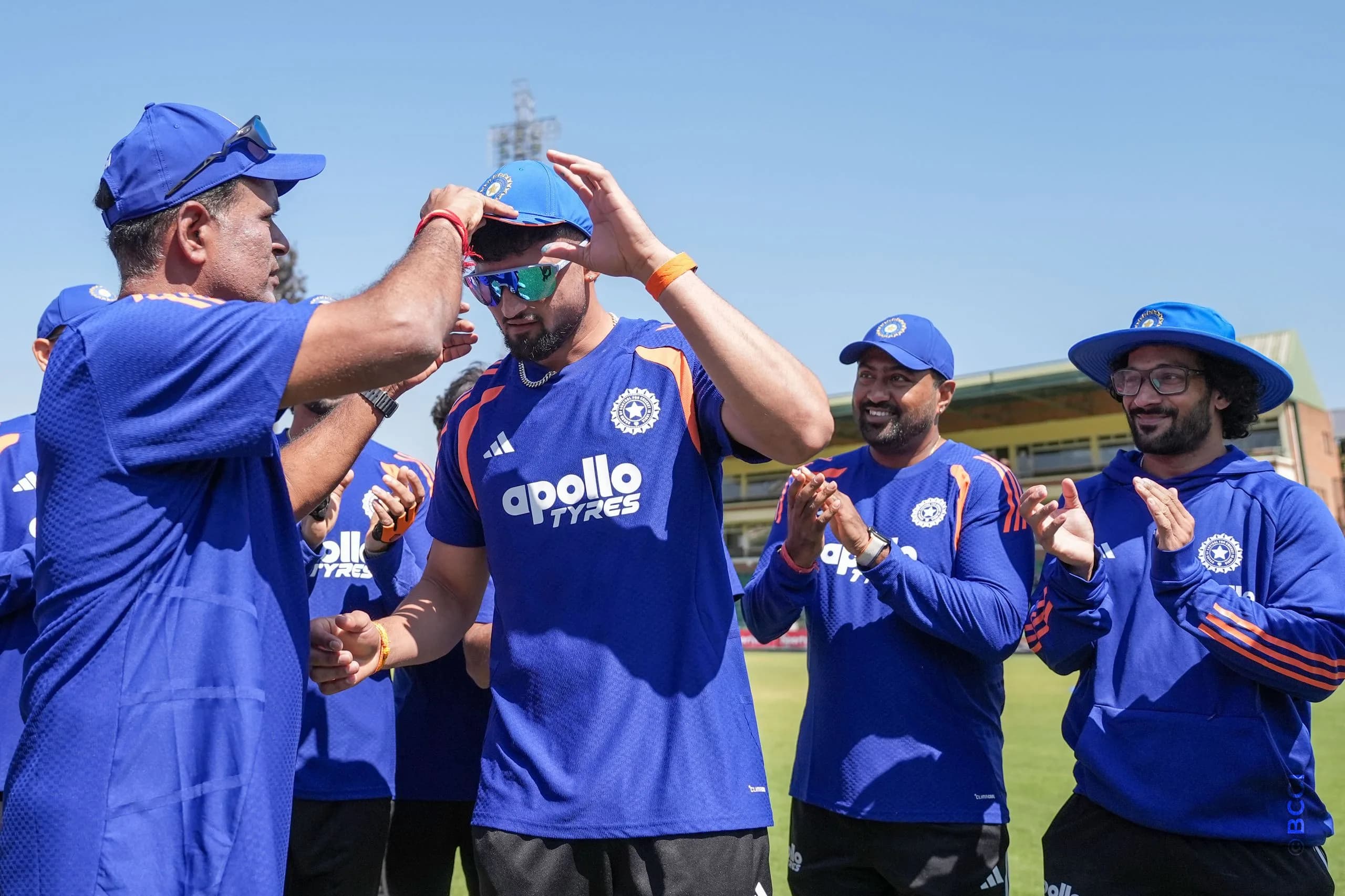 Ashok Sharma of India receives his debutant cap from Sunil Joshi Bowling Coach of India during the 1st T20 International match between Zimbabwe and India at the Harare Sports Club, Harare, Zimbabwe on July 23, 2026.Photo: Faheem Hussain / CREIMAS for BCCI