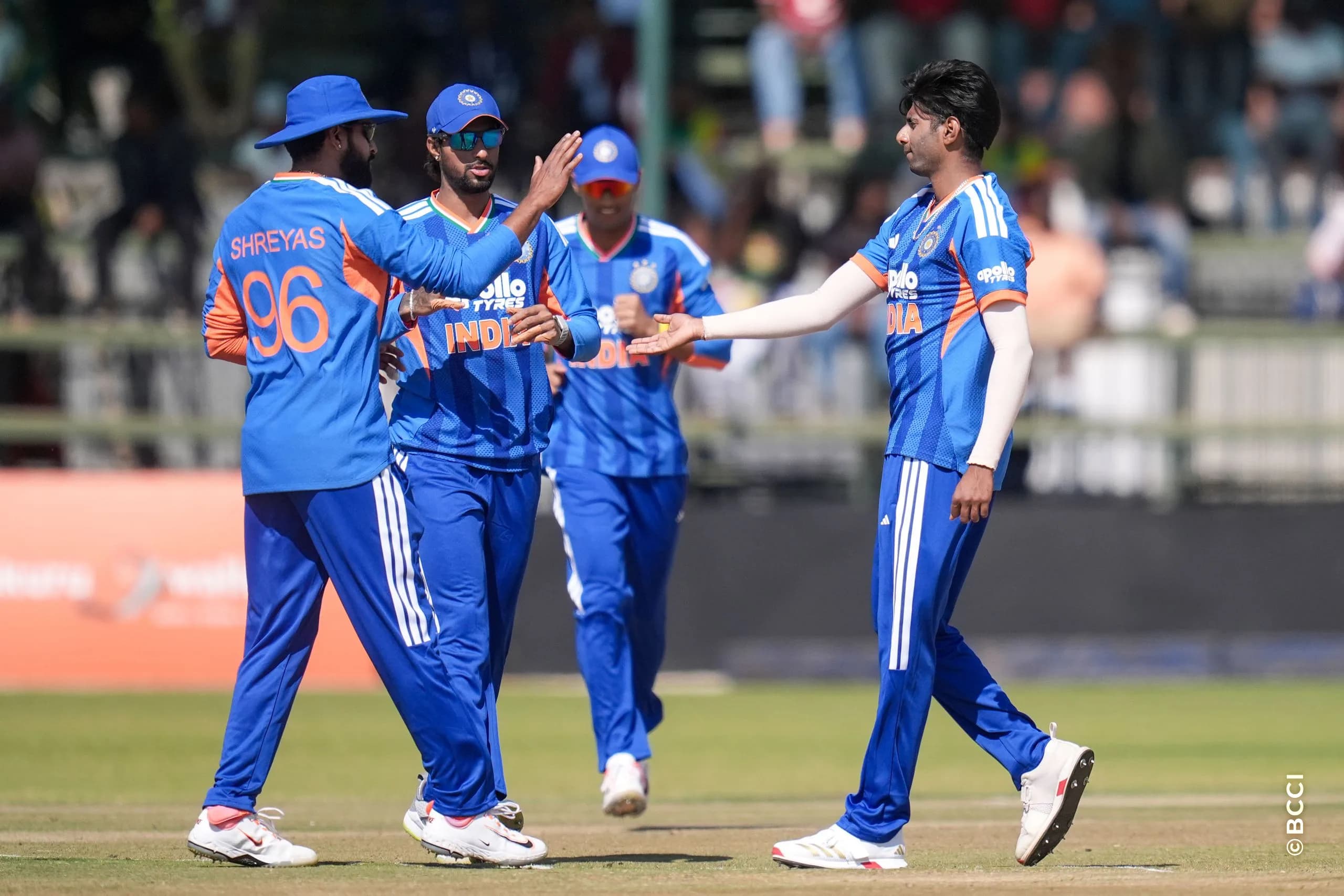 Mayank Prabhu Yadav of India celebrates the wicket of Dion Myers of Zimbabwe during the 1st T20 International match between Zimbabwe and India at the Harare Sports Club, Harare, Zimbabwe on July 23, 2026.Photo: Faheem Hussain / CREIMAS for BCCI