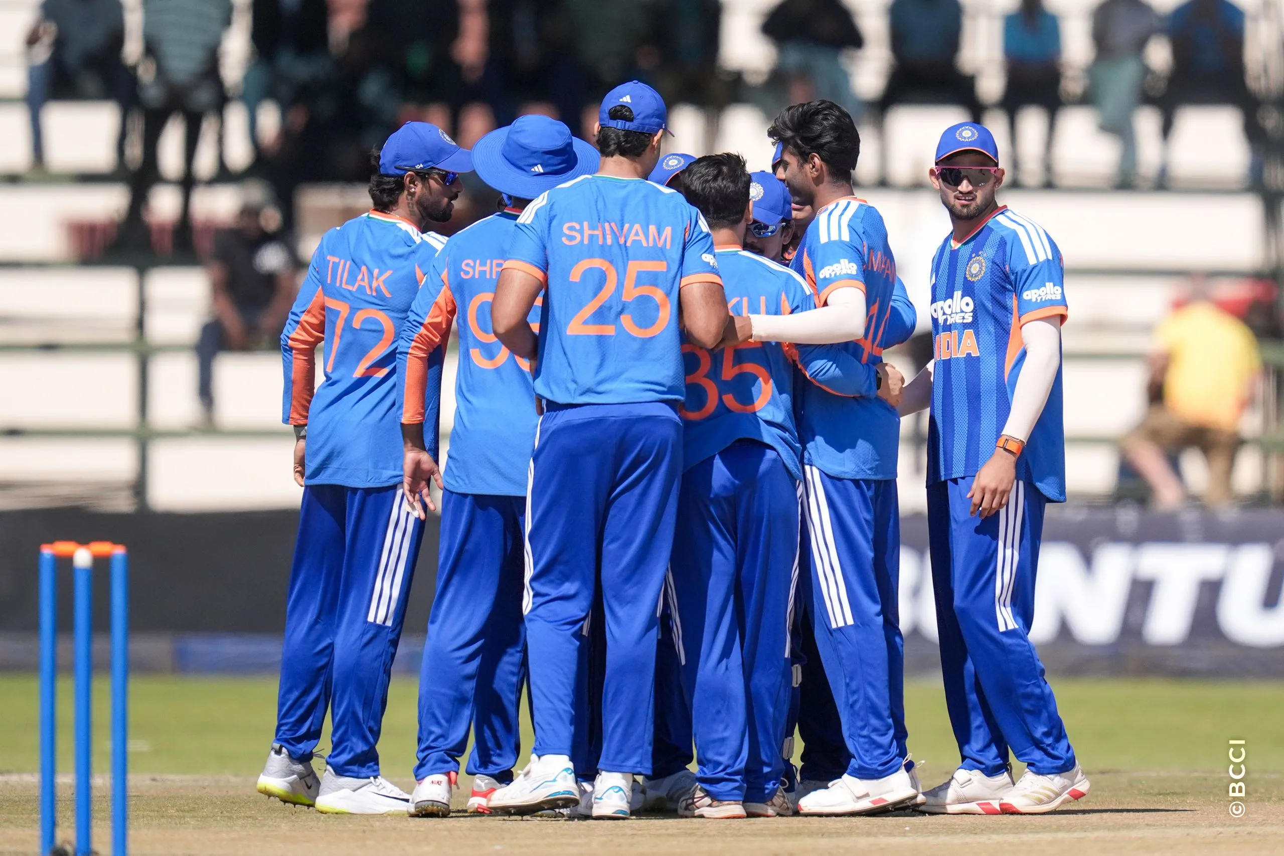 Mayank Prabhu Yadav of India celebrates the wicket of Brian Bennett of Zimbabwe during the 1st T20 International match between Zimbabwe and India at the Harare Sports Club, Harare, Zimbabwe on July 23, 2026.Photo: Faheem Hussain / CREIMAS for BCCI