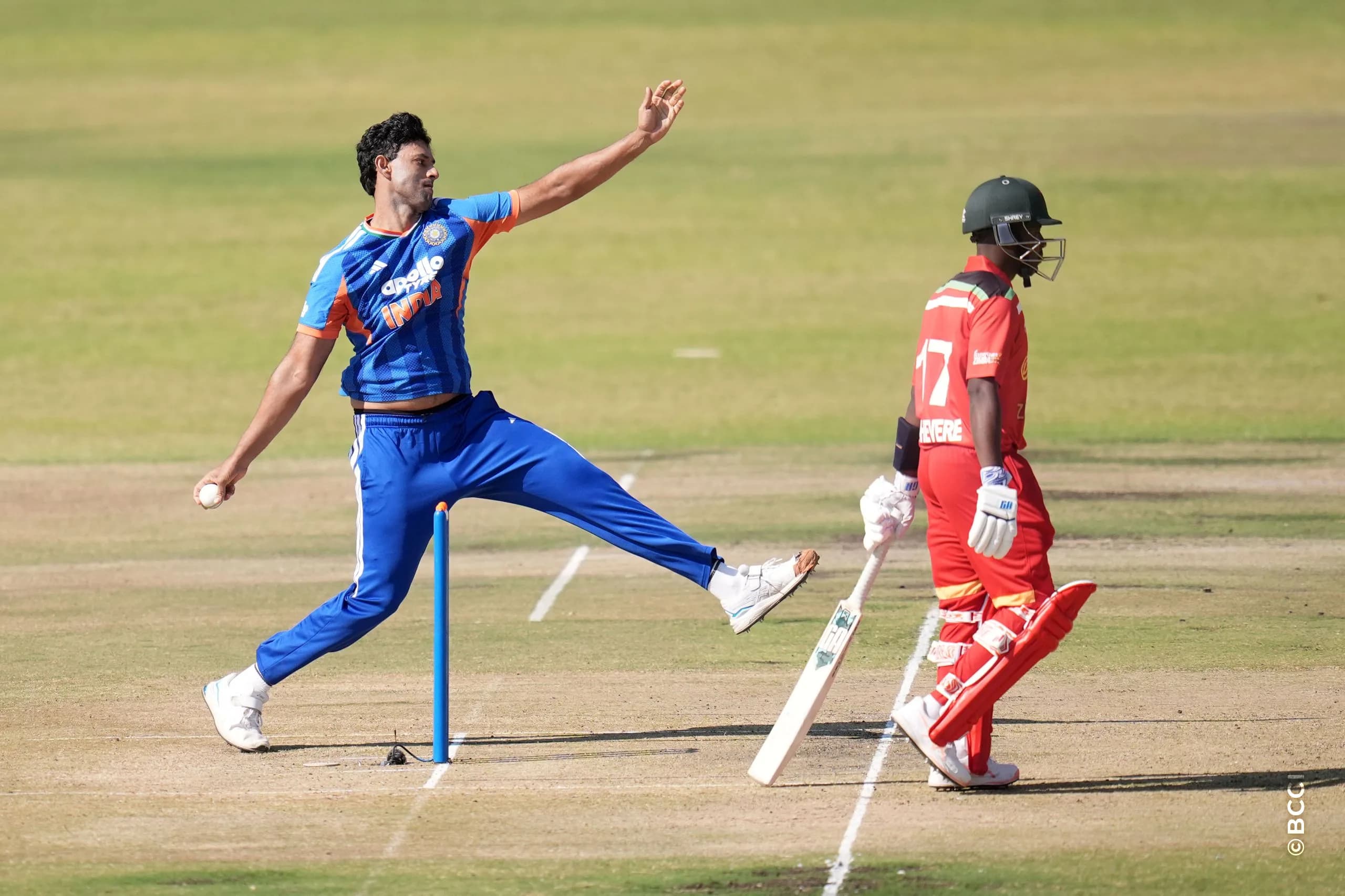 Shivam Dube of India bowls during the 1st T20 International match between Zimbabwe and India at the Harare Sports Club, Harare, Zimbabwe on July 23, 2026.Photo: Faheem Hussain / CREIMAS for BCCI