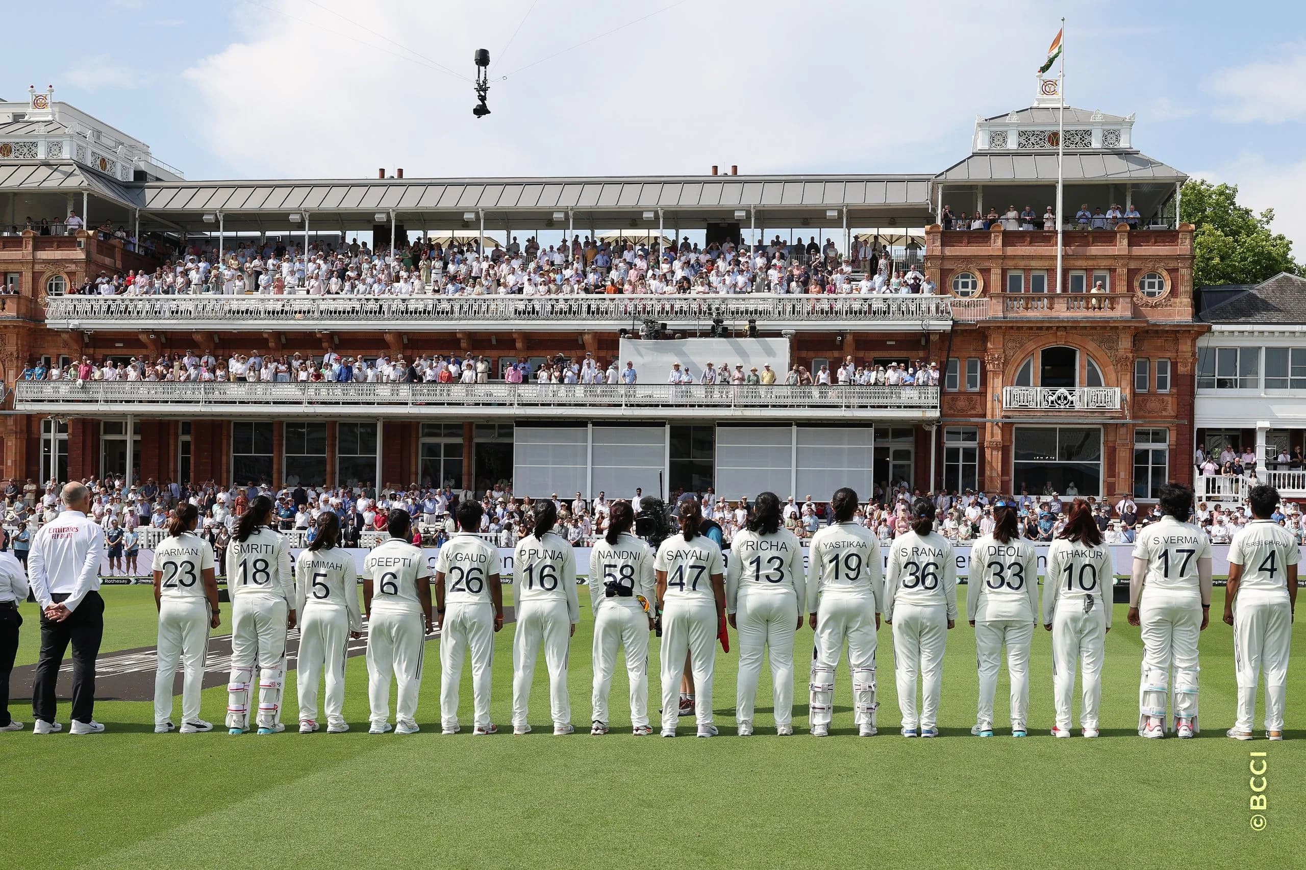 Indian players stand for the National anthem  during Day 1 of the Only Test match between England Women and India Women at Lord's Cricket Ground, London, England, on July 10, 2026.Photo by Pankaj Nangia / CREIMAS for BCCI