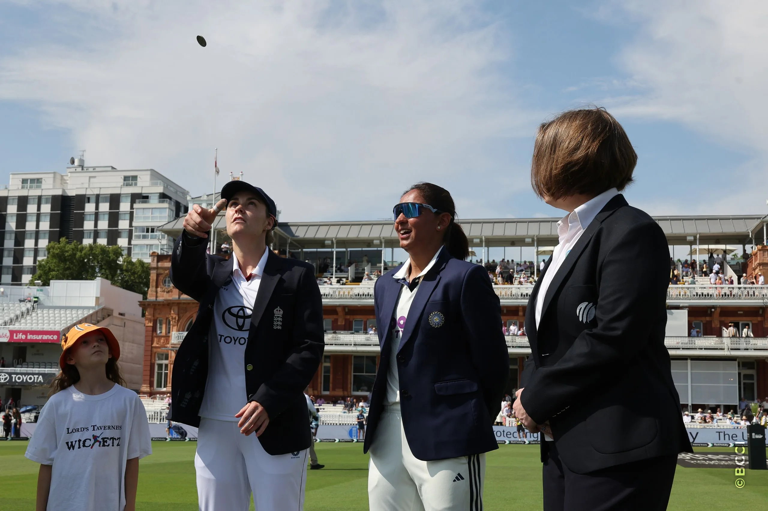 Harmanpreet Kaur of India at at the toss during Day 1 of the Only Test match between England Women and India Women at Lord's Cricket Ground, London, England, on July 10, 2026.Photo by Pankaj Nangia / CREIMAS for BCCI