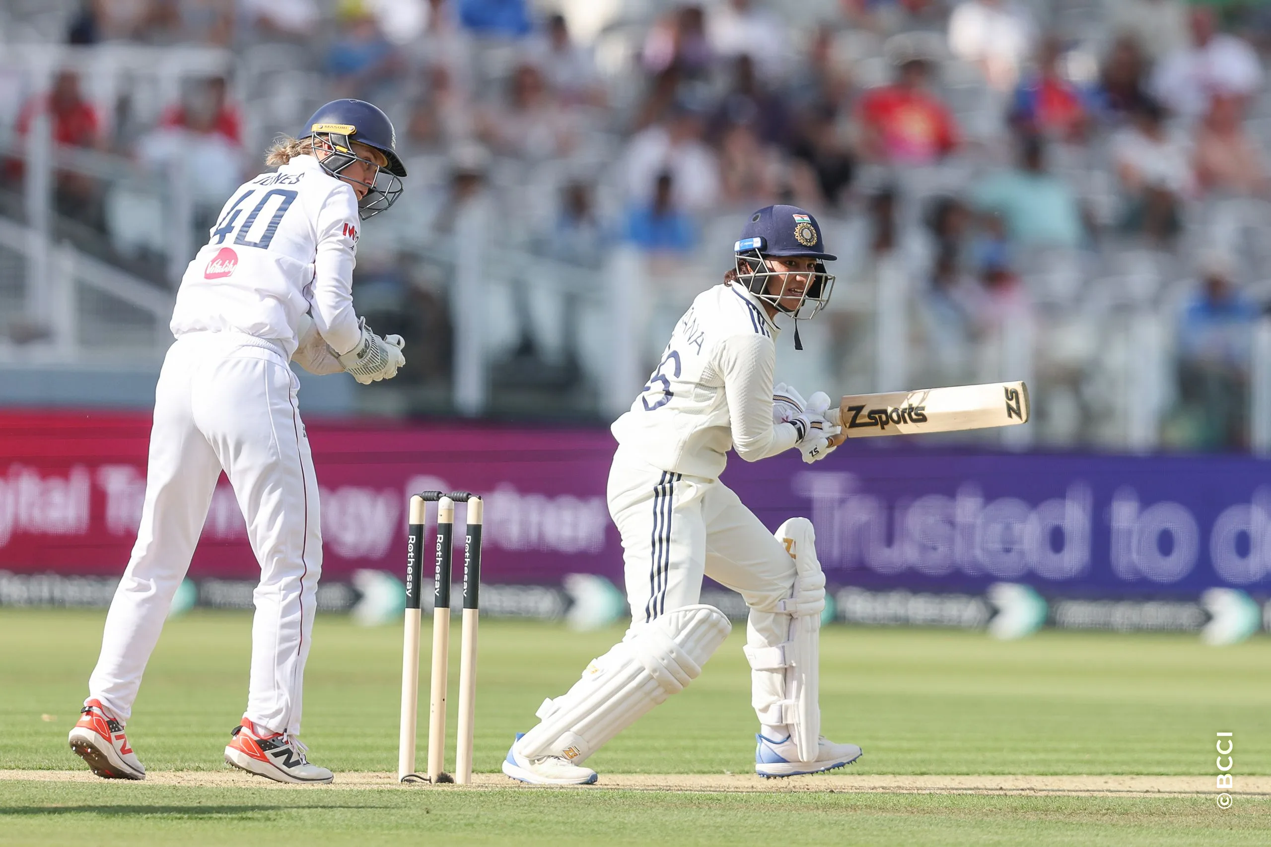 Sneh Rana of India plays a shot during Day 1 of the Only Test match between England Women and India Women at Lord's Cricket Ground, London, England, on July 10, 2026.Photo by Pankaj Nangia / CREIMAS for BCCI