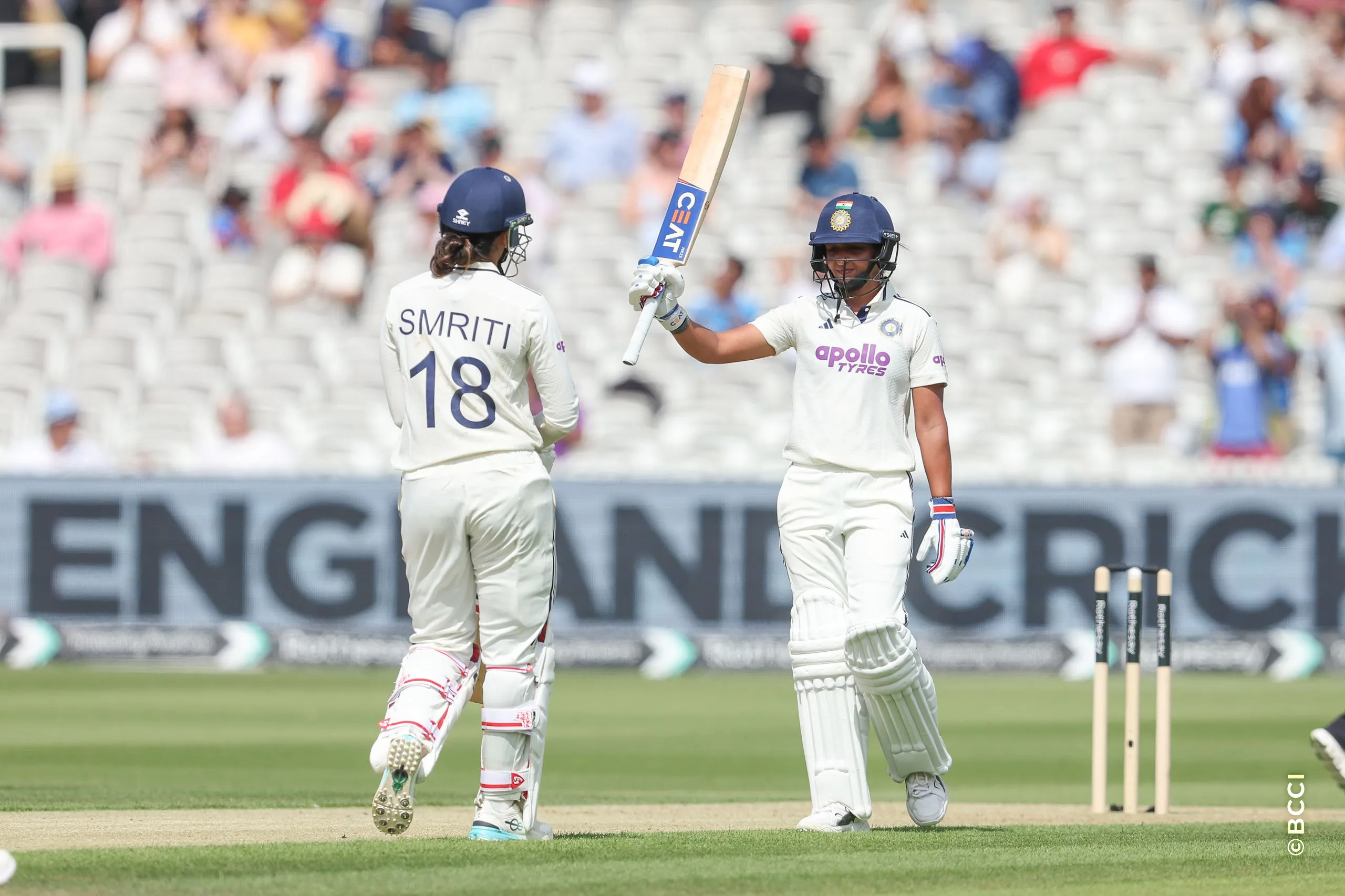 Harmanpreet Kaur of India celebrates after scoring a fifty during Day 1 of the Only Test match between England Women and India Women at Lord's Cricket Ground, London, England, on July 10, 2026.Photo by Pankaj Nangia / CREIMAS for BCCI