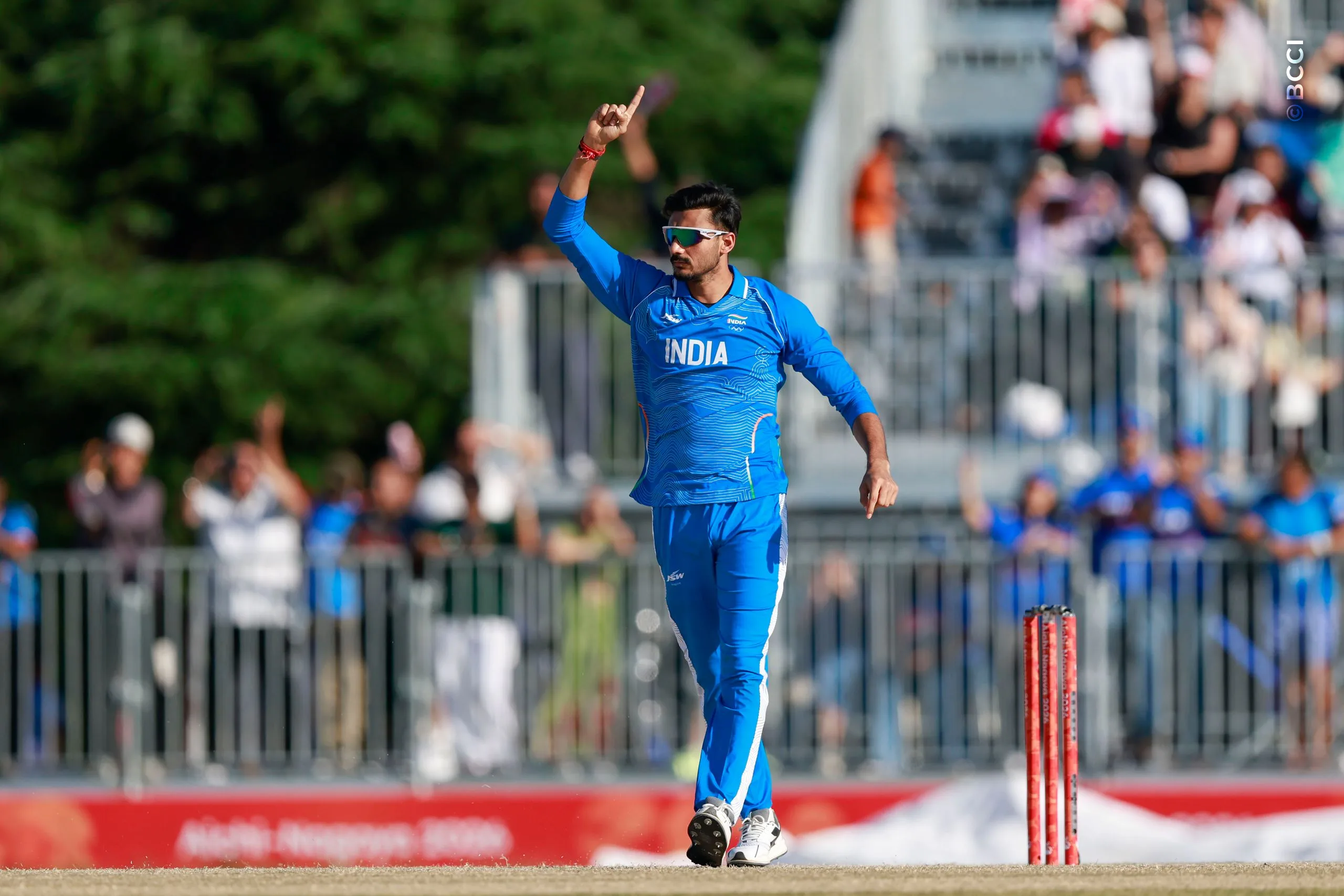 Axar Patel of India celebrates the wicket of Sahan Arachchige during the Semi-Final match between the India and the Sri Lanka at Korogi Sports Park, Nisshin, Japan, on October 1, 2026.

Photo:  Deepak Malik / CREIMAS for BCCI